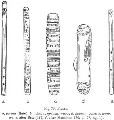 Image: Fig. 73. Flutes. — a, porutu (flute), b, whio; c, koauau, wood; d, koauau, bone; e, whio. a-c, e, after Best (18), d, after Hamilton (46, pl. 57, fig. 1)