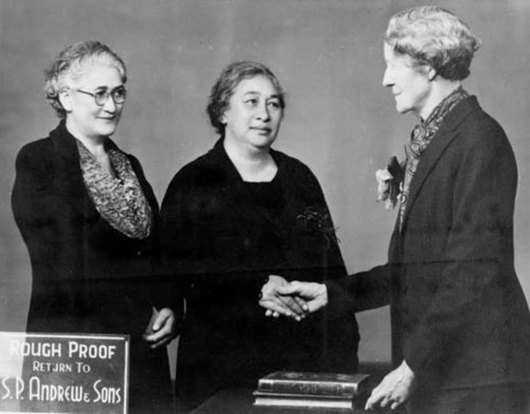 Image: Ripeka Wharawhara Love (centre) with Victoria Amohau Bennett (left) and Lilian Priscilla Wakefield (right) in 1940