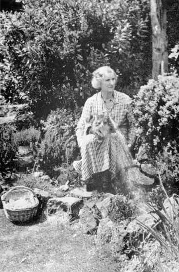 Ursula Bethell in the garden of Rise Cottage, Christchurch, about 1940 Image: Ursula Bethell in the garden of Rise Cottage, Christchurch, about 1940