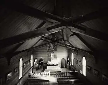 Image: Interior, from the upstairs gallery, Catholic church, Motukaraka, Hokianga Harbour, Northland, 4 May 1982