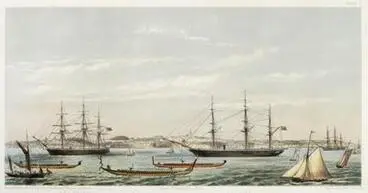Image: View of Auckland Harbour, New Zealand, taken during the Regatta of January 1862 (Race of the Maori War Canoes)