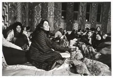 Image: Tukaki wharenui, Te Kaha-nui-a-tiki marae, Te Kaha. Kura Rewiri-Thorsen/Rewiri, Ngahuia Volkering/Te Awekotuku, Anne Iti and Tame Iti. June 1973