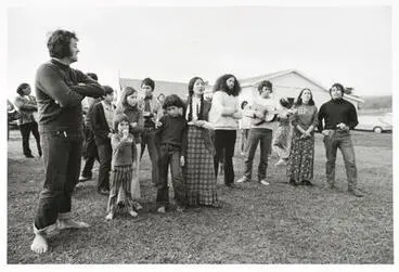 A waiata for departing friends Te Kaha-nui-a-tiki marae, Te Kaha. Syd Jackson, (?) Chris Sidney, Karen Sidney, Pura Jackson, Hana Jackson/Te Hemara, Brian/Morehu McDonald, Val Irwin, Ngahuia Volkering/Te Awekotuku, Haare Williams. Monday 4th June 1973 Image: A waiata for departing friends Te Kaha-nui-a-tiki marae, Te Kaha. Syd Jackson, (?) Chris Sidney, Karen Sidney, Pura Jackson, Hana Jackson/Te Hemara, Brian/Morehu McDonald, Val Irwin, Ngahuia Volkering/Te Awekotuku, Haare Williams. Monday 4th June 1973