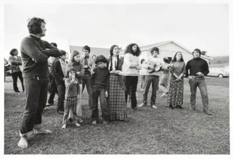 Image: A waiata for departing friends Te Kaha-nui-a-tiki marae, Te Kaha. Syd Jackson, (?) Chris Sidney, Karen Sidney, Pura Jackson, Hana Jackson/Te Hemara, Brian/Morehu McDonald, Val Irwin, Ngahuia Volkering/Te Awekotuku, Haare Williams. Monday 4th June 1973