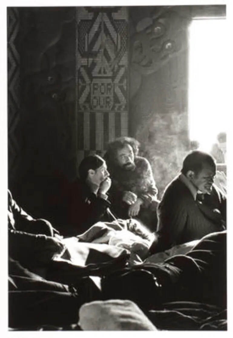 Image: Tukaki wharenui, Te Kaha-nui-a-tiki marae, Te Kaha. Marilyn Webb and Ralph Hotere. Brown Rewiti (right). June 1973