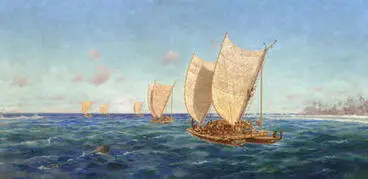 Departure of the six canoes from Raratonga for New Zealand Image: Departure of the six canoes from Raratonga for New Zealand