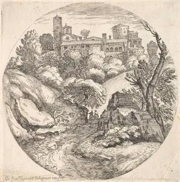 Image: Round landscape with two travellers riding towards a hilltop town