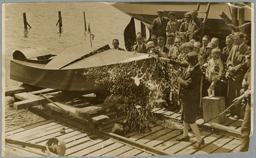 Mrs Elizabeth McCombs christening a motorboat Image: Mrs Elizabeth McCombs christening a motorboat