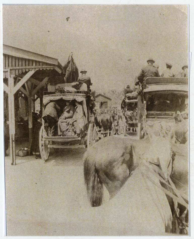 Image: My parents departing  for the West Coast on their honeymoon on a  Cobb & Co coach