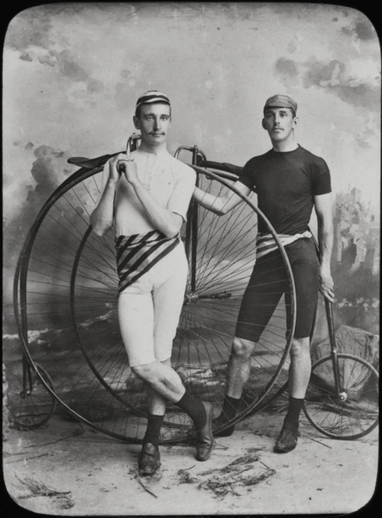 Image: J. E. Fenlon and E. Mayes with penny-farthings