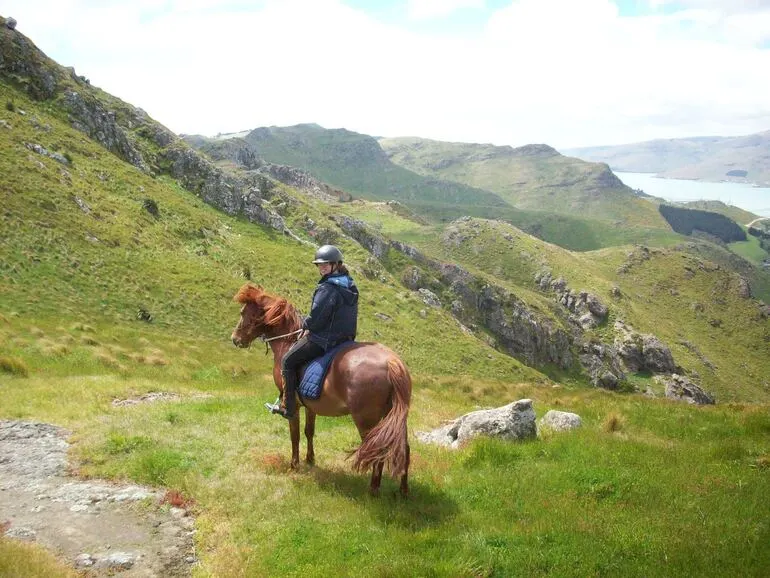 Image: Arwen riding their pony, Alfie, looking out towards Whakaraupō