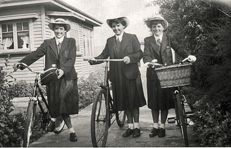 Image: Norma, Glenys and Helen off to Linwood High School, February, 1954