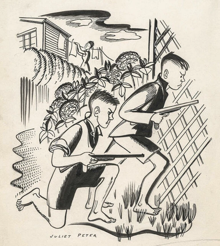 Image: Juliet Peter - Untitled [New Zealand Listener illustration, captioned "Colossal battles are fought"]