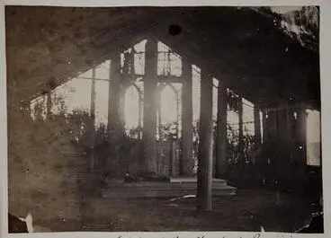 Interior of the Church at Rangiriri New Zealand partly destroyed by shells during action Image: Interior of the Church at Rangiriri New Zealand partly destroyed by shells during action