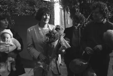 Helen Clark with bouquet at welcome to mark her election as leader of Labour Party, Cromwell Street Image: Helen Clark with bouquet at welcome to mark her election as leader of Labour Party, Cromwell Street