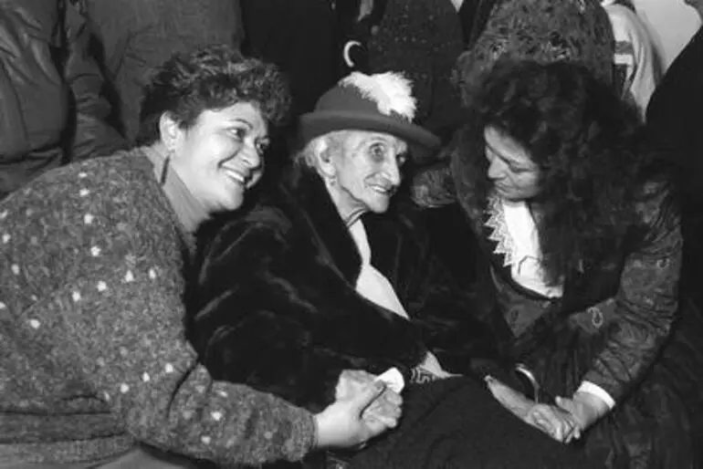 Image: Whina Cooper and Pauline Kingi at Māori Womens Welfare League book launch for Te Tiratanga Tatau Tatau, Alexandra Park