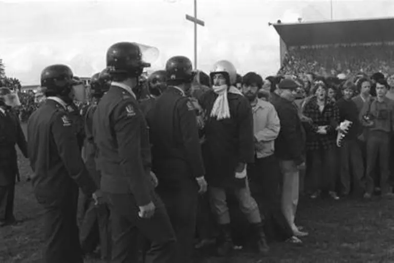 Image: Police confronting protestors on rugby field. Anti Springbok Tour protest march, Hamilton