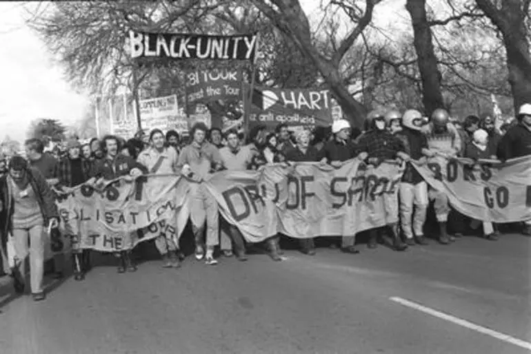 Image: Protestors lined up across road. Anti Springbok Tour protest march, Hamilton