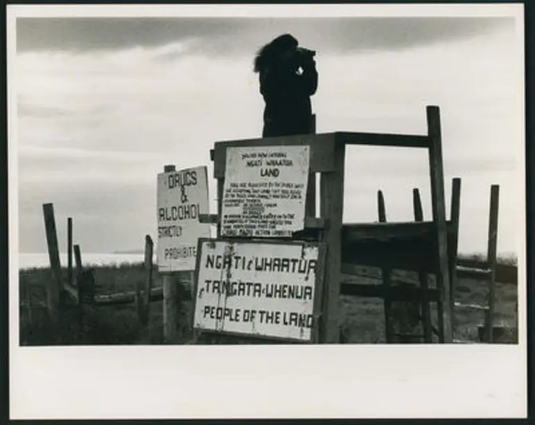 Image: "Watching for the first signs of a police convoy". Ngati Whatua occupation of Bastion Point, Auckland, during land protest.