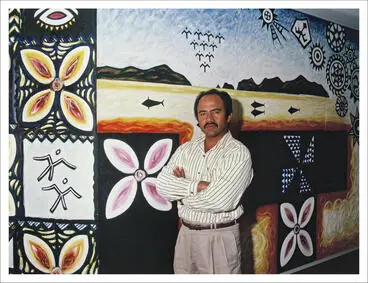 Image: Fatu Feu'u at Aotea Centre after mural erected, c. 1990