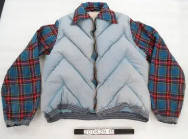 Image: Fairydown jacket with tartan woollen sleeves and collar