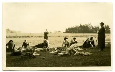 Image: Photograph, Black and White: Lovell-Smith family group on a picnic.