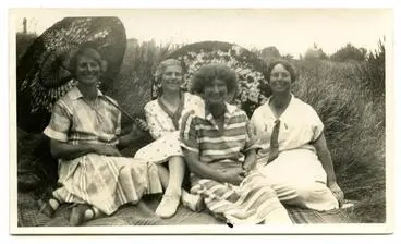 Image: Photograph, Black and White: Doris, Connie, Dorothy and Kitty Lovell-Smith on a picnic rug