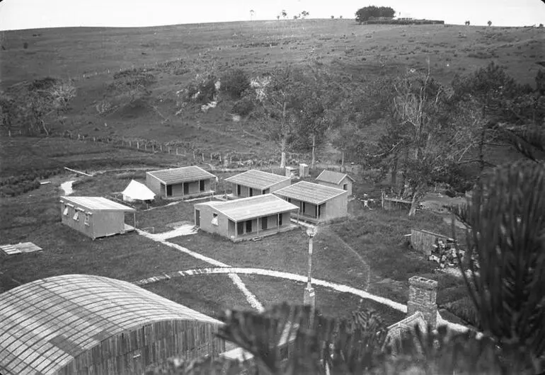 Image: Negative of aerial photograph of the New Zealand Flying School buildings
