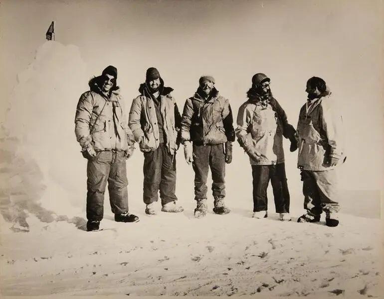 Image: Edmund Hillary, Murray Ellis, Jim Bates, Peter Mulgrew, and Derek Wright at Depot 700