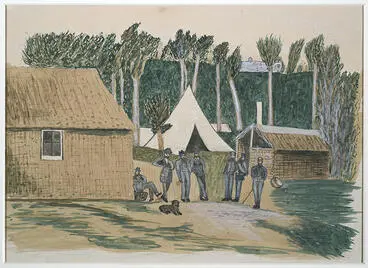 "The Entrance to the Armed Constabulary camp at Pungarehu in Taranaki" Image: "The Entrance to the Armed Constabulary camp at Pungarehu in Taranaki"