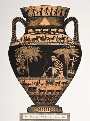 "Bilingual belly amphora, 1867. Titokowaru ponders the embers." Image: "Bilingual belly amphora, 1867. Titokowaru ponders the embers."