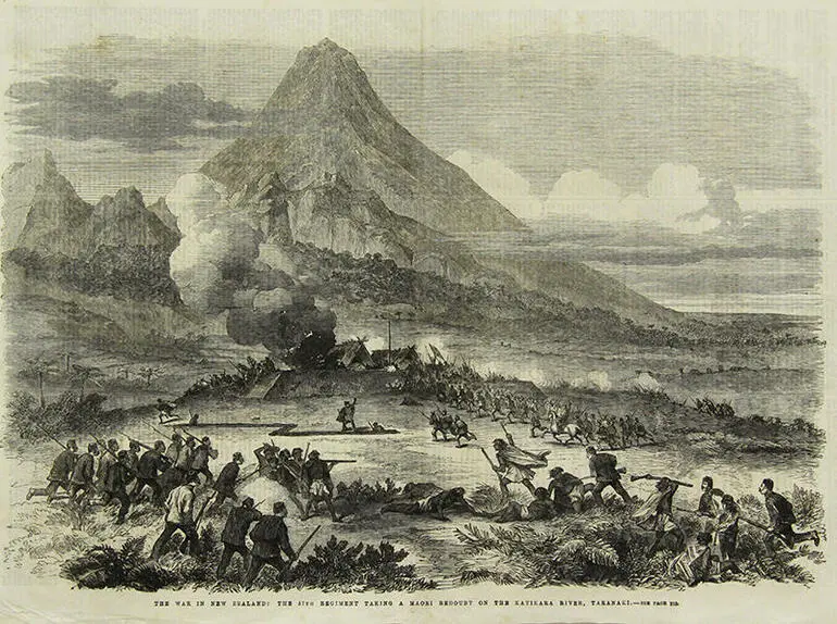 Image: "The War in New Zealand. The 57th Regiment taking a Maori Redoubt on the Katikara River, Taranaki"