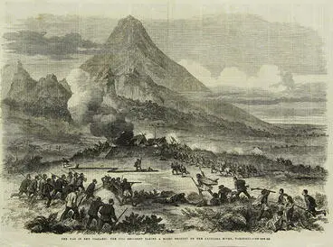 Image: "The War in New Zealand. The 57th Regiment taking a Maori Redoubt on the Katikara River, Taranaki"