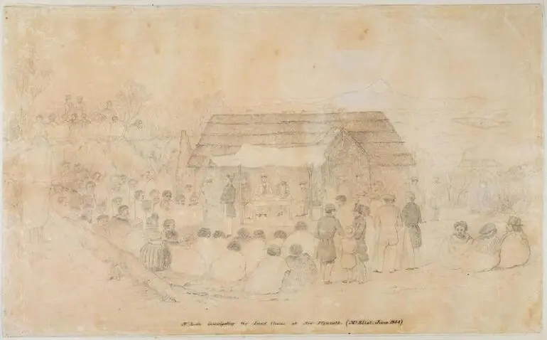 Image: "Mr Spain investigating the Land Claims at New Plymouth. (Mt Eliot. June 1844)"