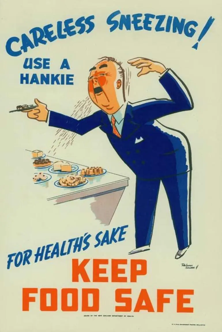 Image: Careless Sneezing! Use a Hankie. For Health's Sake Keep Food Safe [poster]