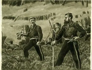 Image: "Captain Roberts orders the bugler to sound the Halt and the Officers Call. A critical Moment in the fight at " Te Ngutu-O-te-Manu"