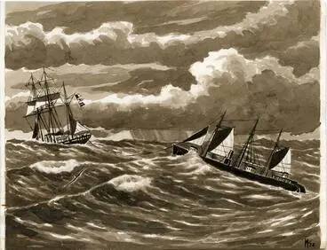 Image: The River Gunboat "Pioneer" being towed across the Tasman by H.M.S Eclipse in September 1863.