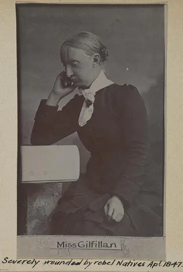 "Miss Gilfillan, Severely wounded by rebel Natives Apl. 1847" Image: "Miss Gilfillan, Severely wounded by rebel Natives Apl. 1847"