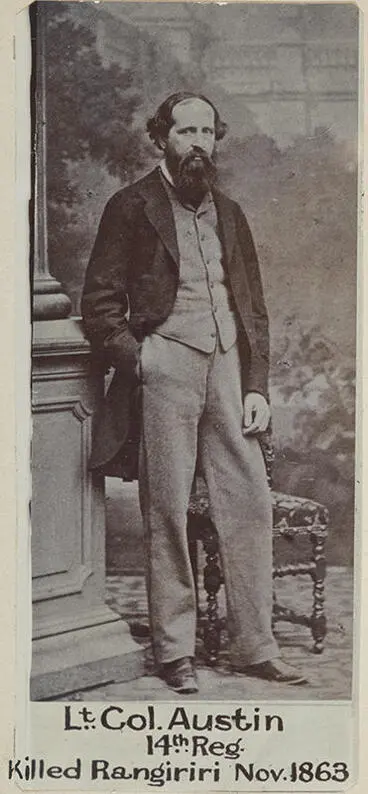 "Lt. Col. Austin, 14th Reg., killed Rangiriri Nov. 1863" Image: "Lt. Col. Austin, 14th Reg., killed Rangiriri Nov. 1863"