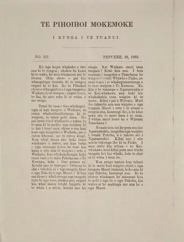 Image: Newspaper – Te Pihoihoi Mokemoke i runga i te Tuanui, No 3, Pepuere 23, 1863