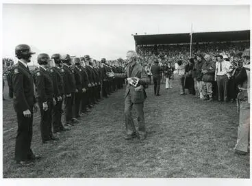 Image: "Rev. George Armstrong (St. Johns College, Auckland) pleading with Riot Squad" - 1981 Springbok Tour