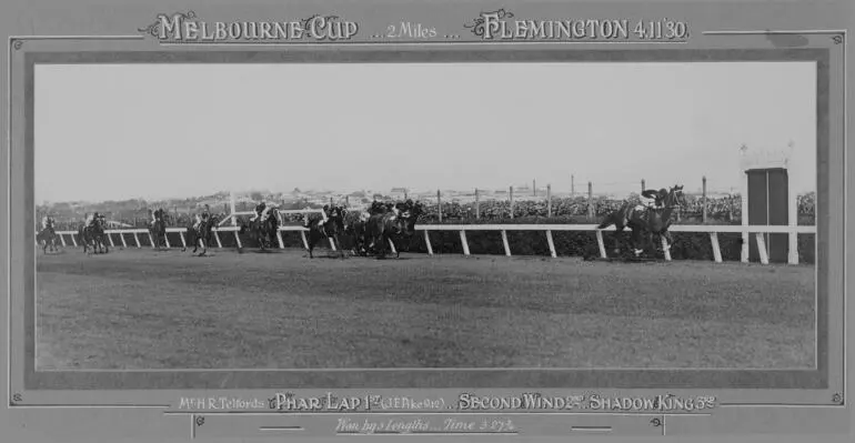 Image: Photographs - Phar Lap Winning Melbourne Cup, Mounted, 1930