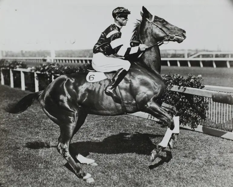 Image: Photograph - Jim Pike Riding Phar Lap at Derby Day, Flemington Racecourse, Victoria, 1930