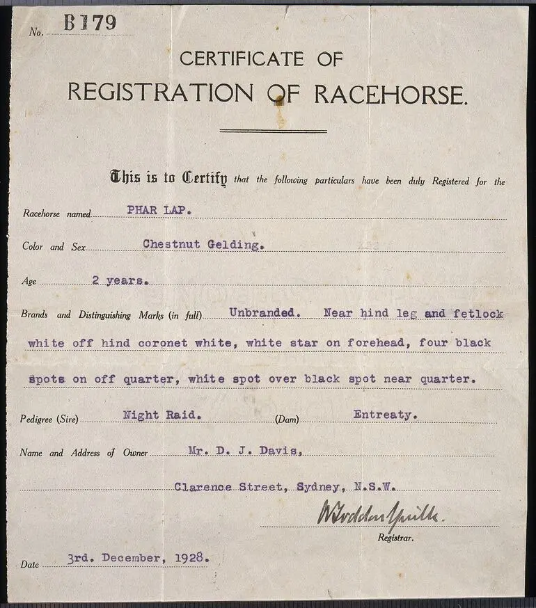 Image: Certificate of Registration - Phar Lap, 03 Dec 1928