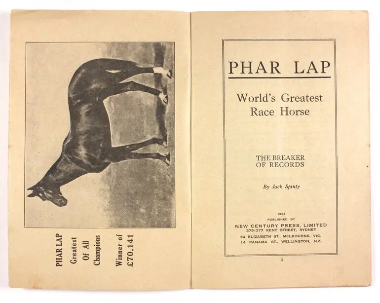 Image: Booklet - `The Record Breaker, Phar Lap, Greatest of all Race Horses', New Century Press, 1932