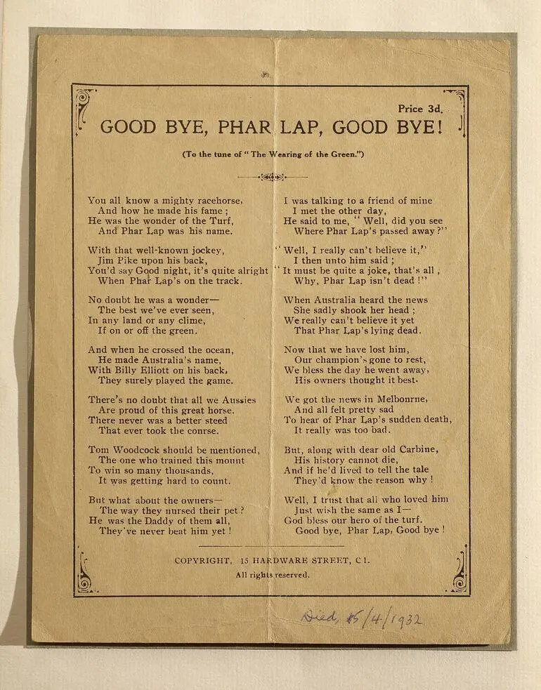 Image: Street Ballad - Good Bye, Phar Lap, Good Bye!, 1932