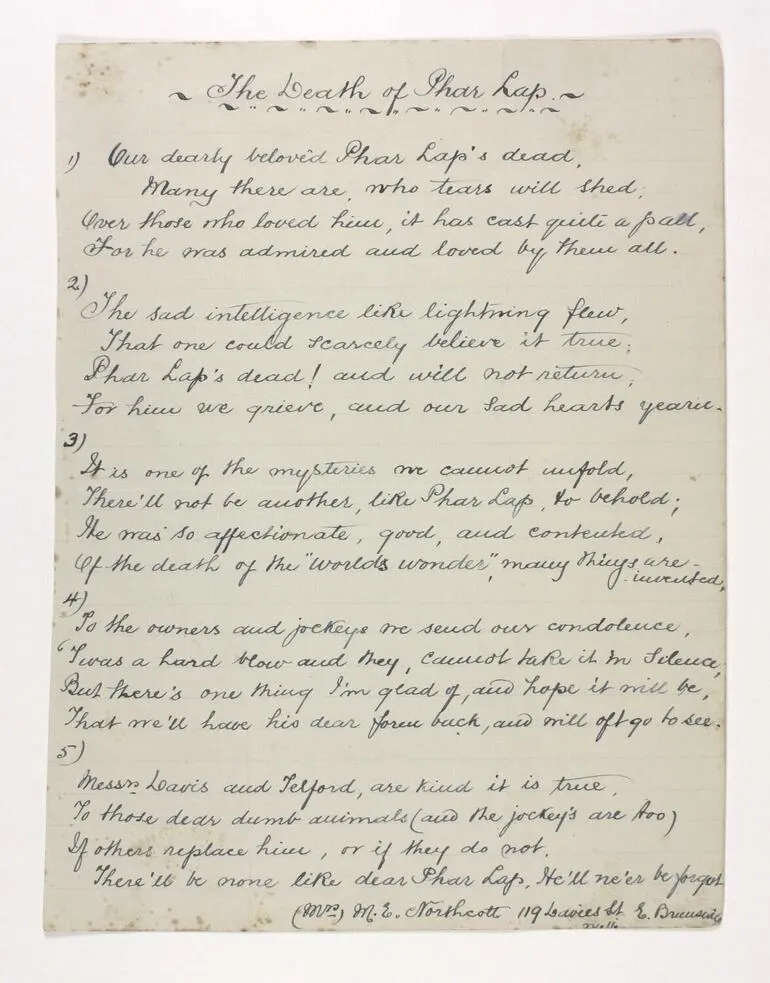 Image: Poem - M.E. Northcott, The Death of Phar Lap, 1932