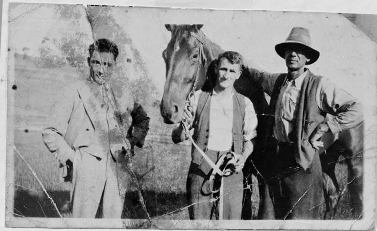 Image: Photograph - Phar Lap, Tommy Woodcock, Mark Friend & Bacchus Marsh Field Manager, circa 1930