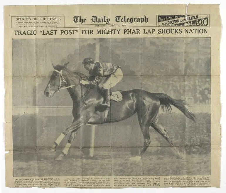 Image: Newspaper Cutting - Daily Telegraph, Tragic Last Post for Mighty Phar Lap, 07 Apr 1932