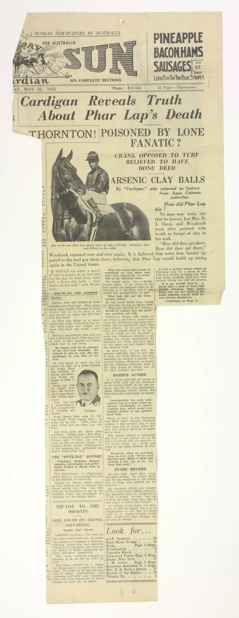 Image: Newspaper Cutting - The Sun, Cardigan Reveals Truth about Phar Lap's Death, 22 May 1932